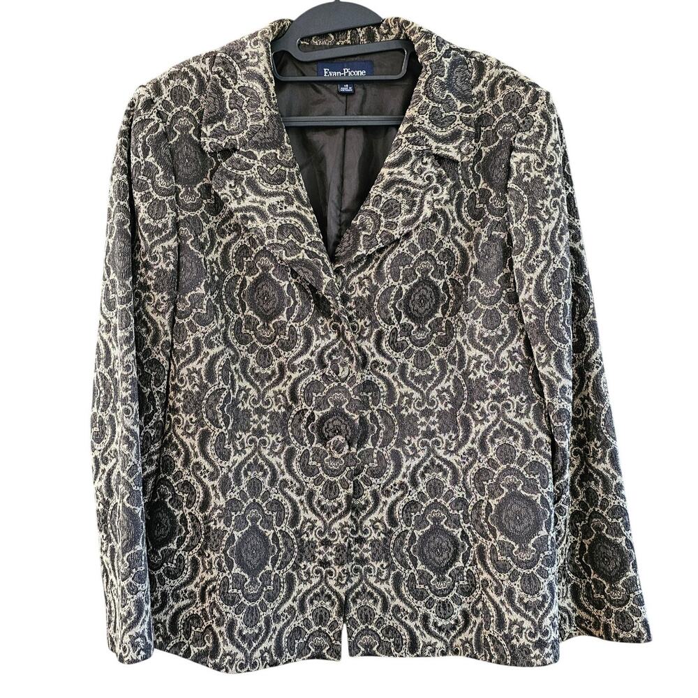 Evan Picone Blazer Black Jacquard Tapestry Collared Career Evening Jacket 14